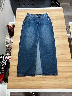 Dark Wash Denim Maxi Skirt With Front Slit